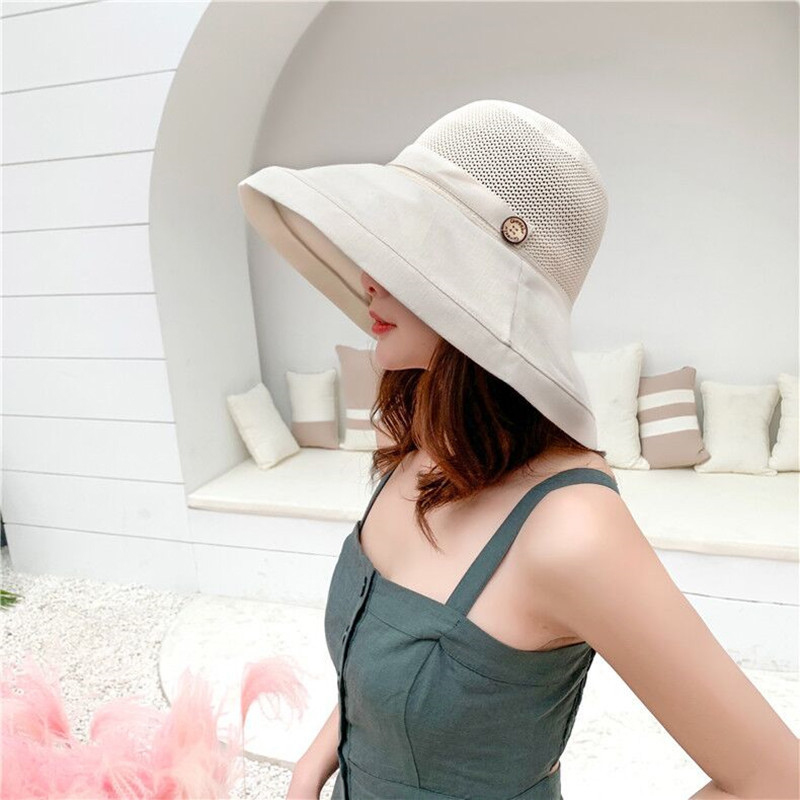 Women Summer Foldable Sun Hat Beach Solid Color Net Mesh Large Wide Brim Anti-UV Hat Female Lady Cloth Sunscreen Breathable Cap: Beige
