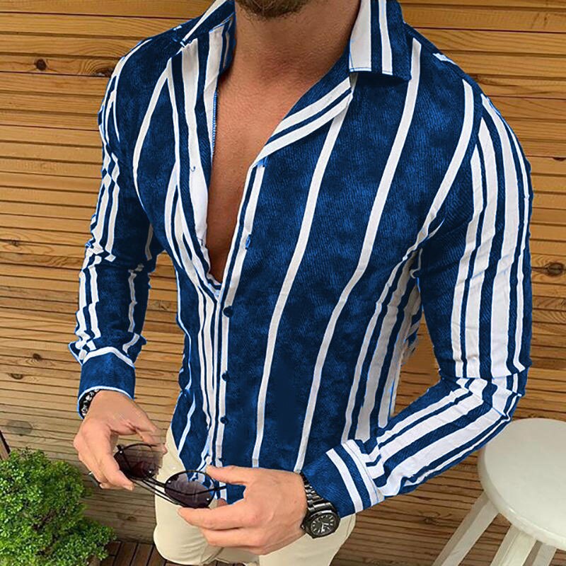 Gestreepte overhemden heren merk lange mouwen casual overhemden voor heren slim fit tops: Blauw / Xl