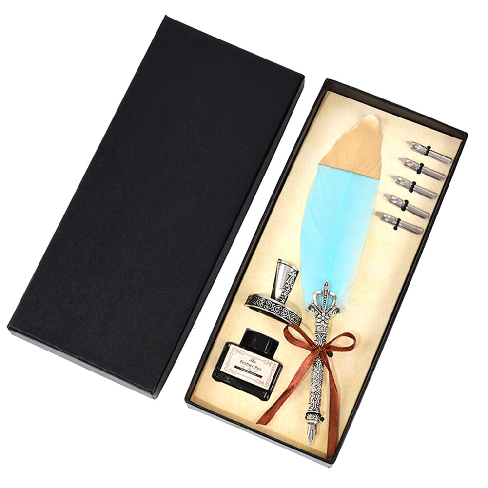 1 Set Vintage Calligraphy Feather Dip Pen Writing Ink Quill Fountain Pen: Blauw