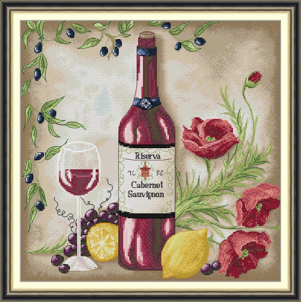 Borduurpakket Kruissteek - Rode Wijn & Bloemen - 11CT 14CT 18CT 22CT - Katoen Canvas