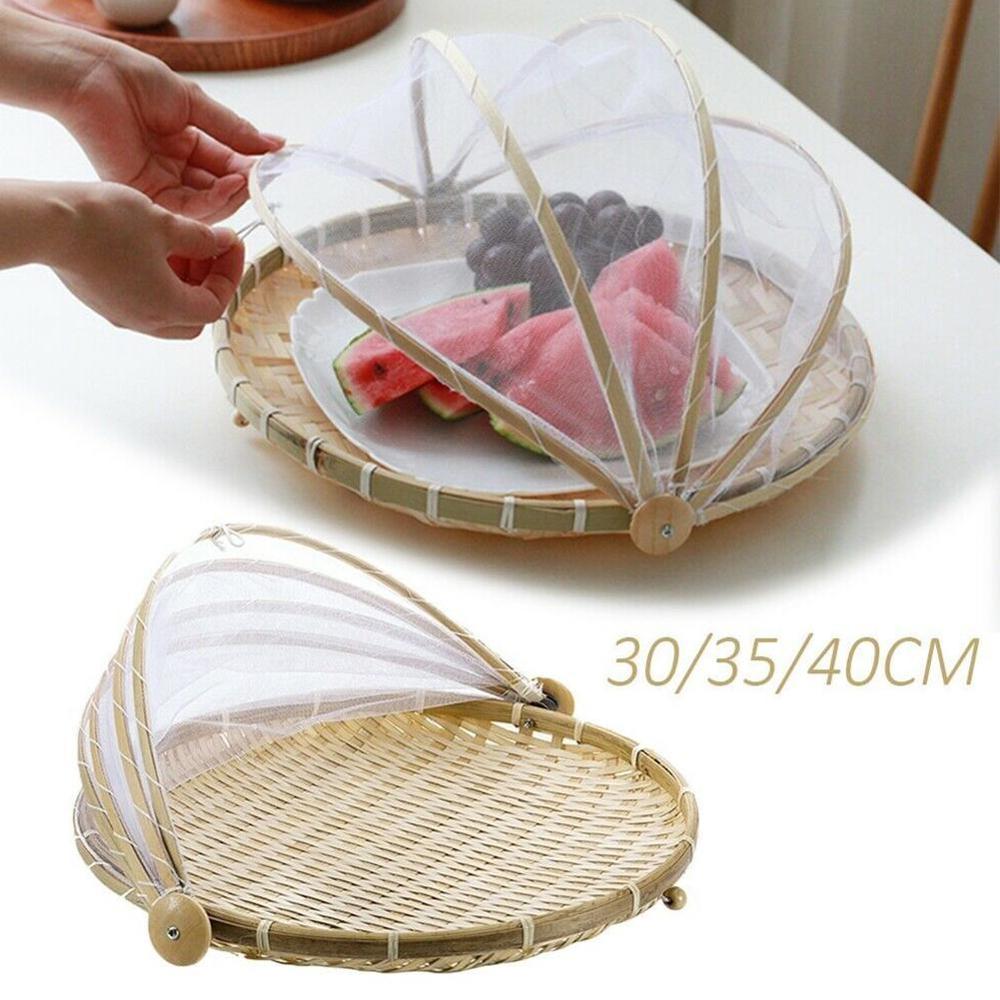 Hand-woven Bamboo Insect-Proof Dust-Proof Basket Picnic Round Dustpan Vegetable Fruit Bread Mesh Gauze Cover Basket