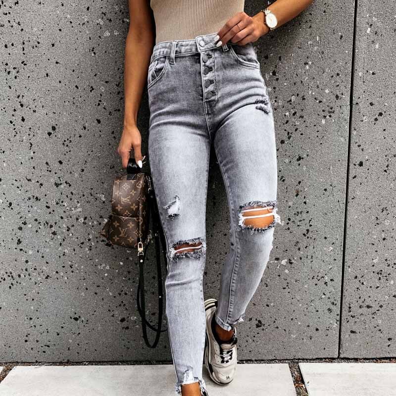 Mellemtalje skinny efterår ripped jeans kvinde vintage nødstedte denim bukser huller blyant bukser femme casual jean bukser