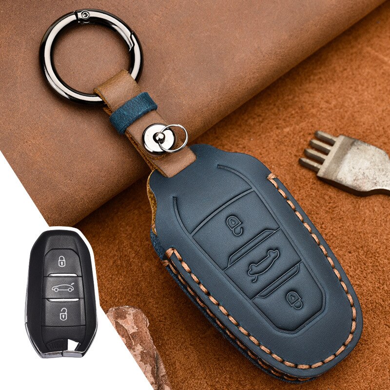 Leren Autosleutel Hoesje voor Peugeot 308 408 508 3008 4008 5008 Citroen C4 C4L C6 C3-XR: Blauw