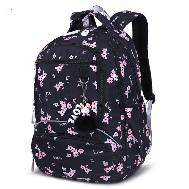 Novo grande mochila escolar bonito estudante impresso à prova dbagágua bagpack escola primária sacos de livro para adolescentes meninas crianças: Black floower