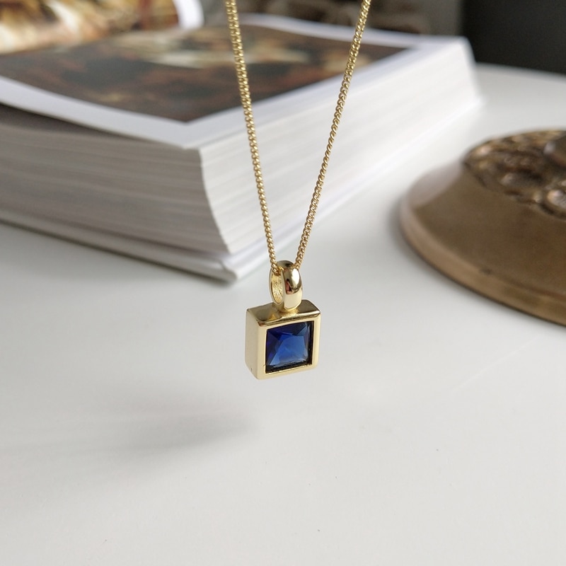 LouLeur 925 sterling silver dark blue square Zircon geometry pendant necklace gold exquisite necklace for women jewelry charms