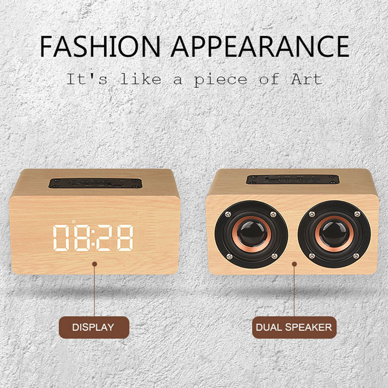 Houten Bluetooth Speaker Wekker Draadloze Draagbare HiFi Shock Bass Altavoz TF Soundbar MP3 Speaker FM Radio Microfoon