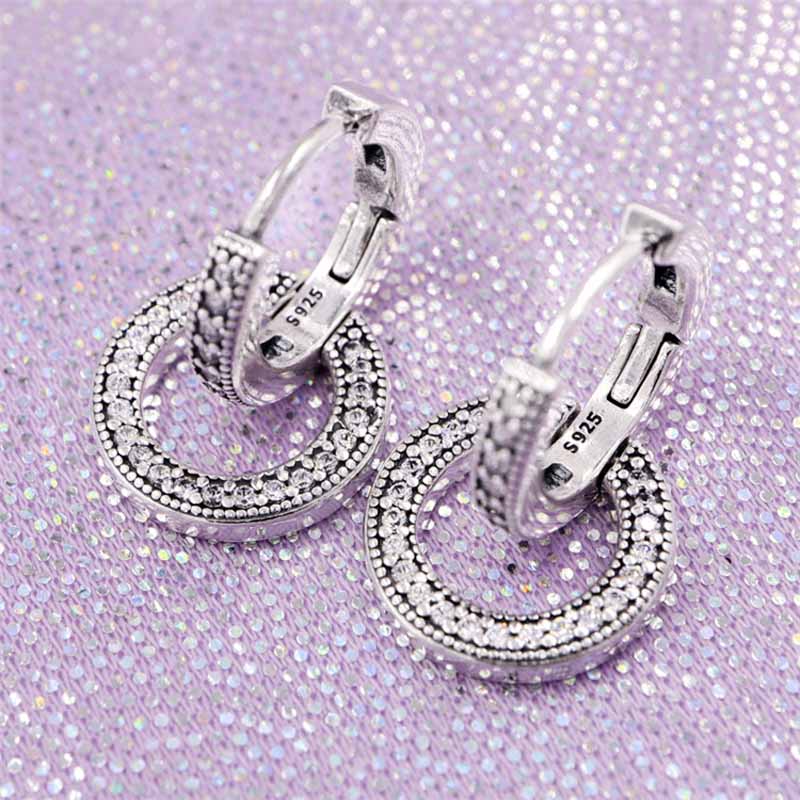 Orecchino di cristallo scintillante doppio cerchio originale firma per le donne gioielli in argento Sterling 925 regalo di nozze