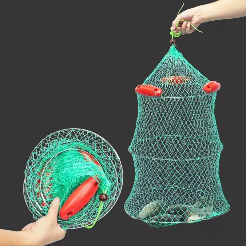 Folding Round Fish Care Drift Net Metal Frame Nylon Mesh Fishing Net 3 Layers+3 Floating Fish Care Drift Net Diameter 40/45/50cm