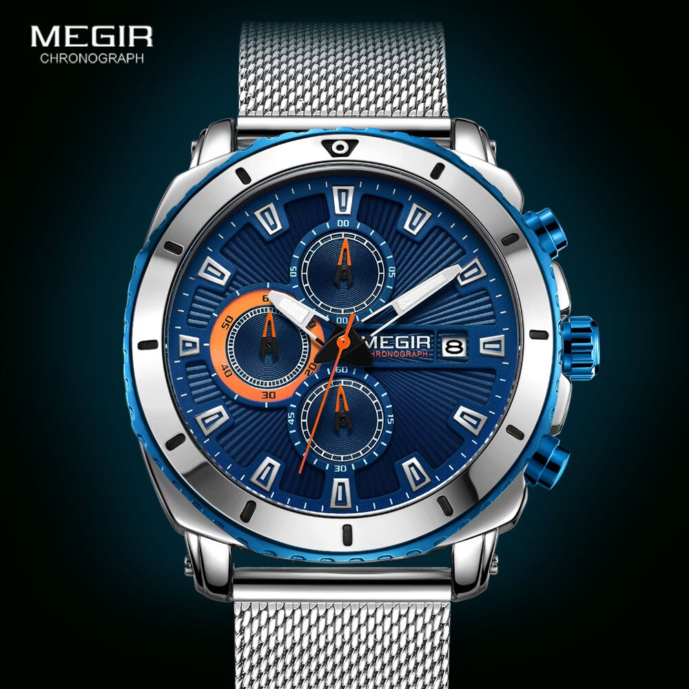 Megir Horloges Mannen Luxe Mesh Band Bedrijf Quartz Horloge Voor Man Top Waterdichte Leger Sport Pols Horloges Blauw gezicht