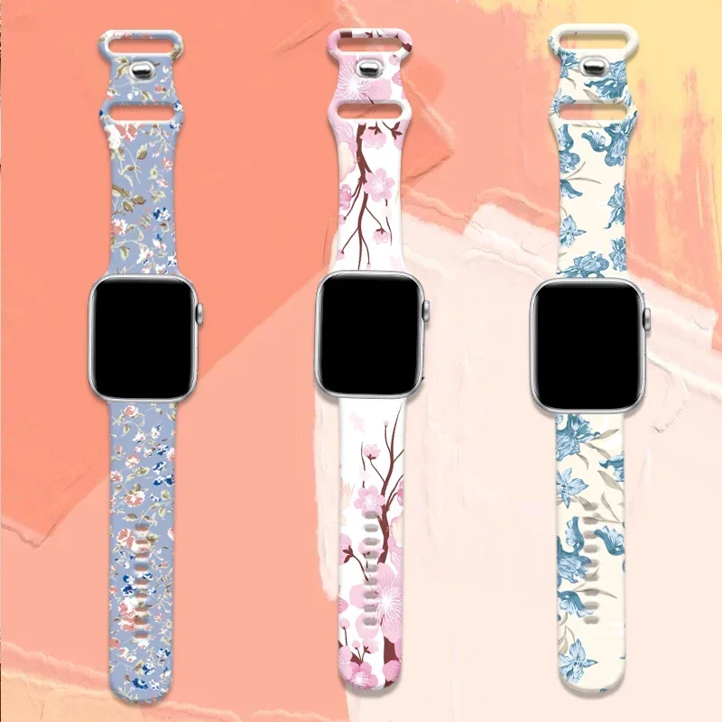 Armband för apple watch ultra band 46mm 49mm 45mm 44mm 42mm 41mm 40mm blommigt sportarmband i silikon, iwatch 10 9 8 7 6 5 4