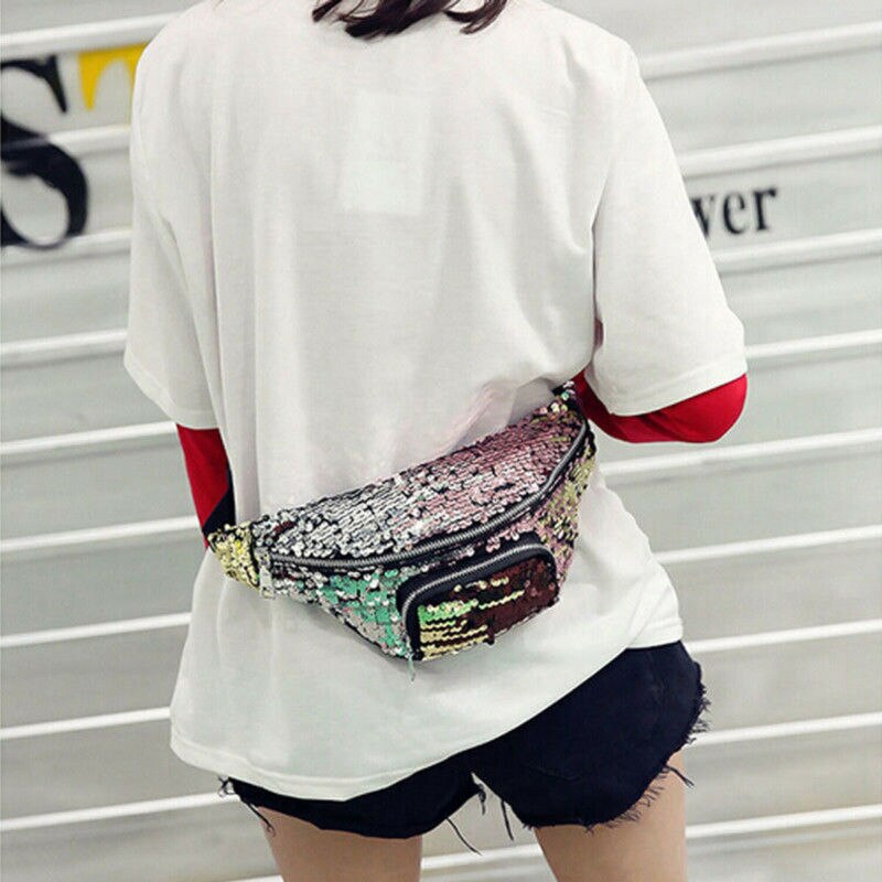 Women Girls Sequins Glitter Waist Bag Fanny Pack Pouch Hip Purse Girlfriend Cool Coin Crossbody Shouder Waist Pack