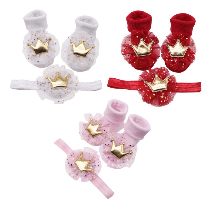 Newborn Soft Socks Baby Crown Highlight Flower Stretch HairBand+Non-slip Cotton Socks Two-piece Children Headband