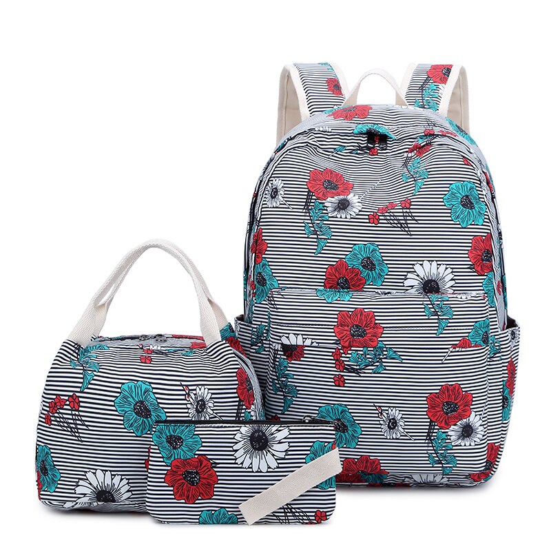 Fengdong 3 pièces/ensemble sacs d'école pour filles fleur sac à dos ensemble femmes sac à dos à fleurs fille livre sac enfants stylo crayon sac ensemble: black