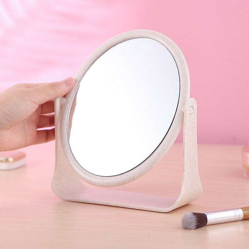Miroir de maquillage rotatif Double face en paille de blé, de bureau, pour étudiant, de princesse, de vanité, ovale et carré