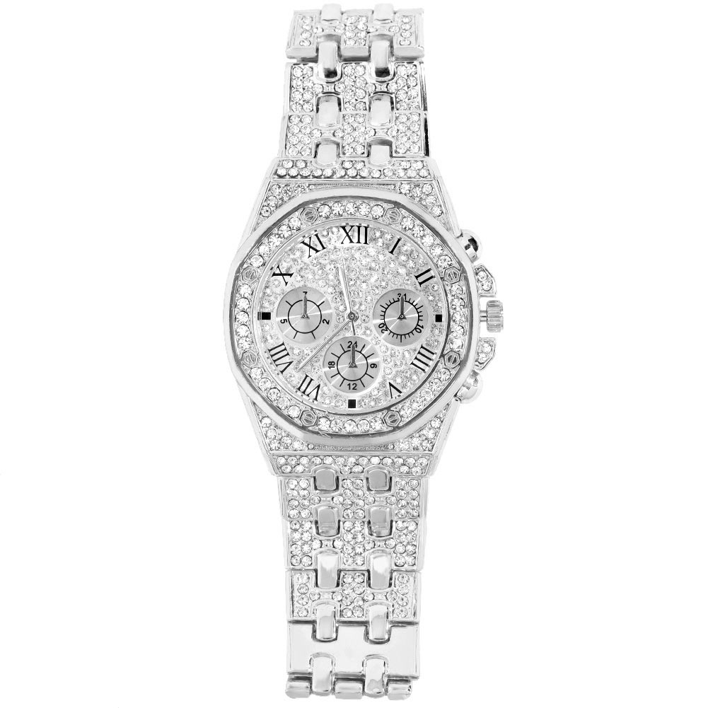 Iced out dameklokke gull sølvfarget firkantet diamanter kvarts luksuriøs hiphop-armbåndsur romersk klokke feminin relogio feminino: Rød
