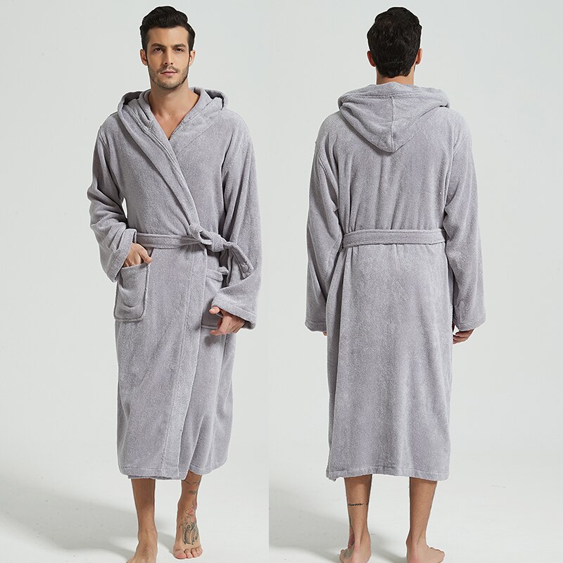 Mænd badekåbe hætte 100%  bomulds tykt varmt håndklæde fleece bomuld morgenkåbe lang badekåbe hotel spa blød brudepige kåbe: Grå / M (160-168cm)