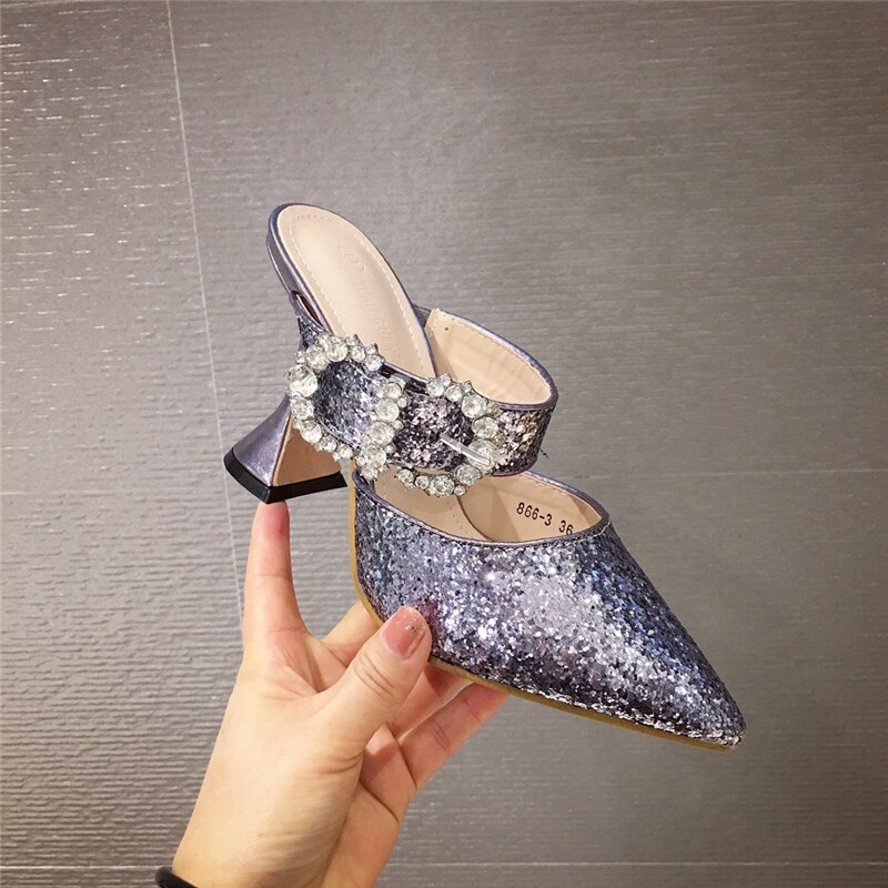 Zomer dames bling kristallen slippers muiltjes hoge hakken slippers suède gesloten teen hoge hakken slippers glinsterende nette schoenen: Zilver / 9.5
