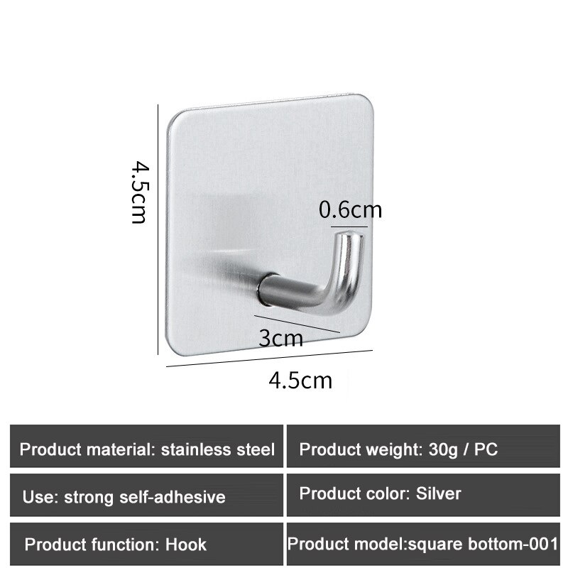 1PC SUS304 Robe Hooks Strong Self Adhesive Bathroom Stainless Steel Hook Wall Hangers Coat Towel Rustproof Hooks Kitchen Hardwar: Square Silver 001