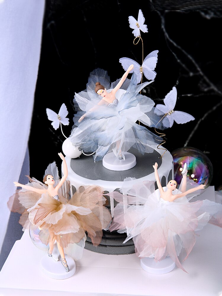White Pink Ballet Girls Decoration Hook Flower Happy Birthday Cake Topper Wedding Bride for Party Supplies Baking Love