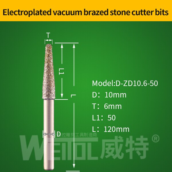 Weitol 10mm elektrolyyttinen timanttihiomakiviterät kartiojuotetut jyrsimen terät cnc-terä graniitille: D -zd10.6-50