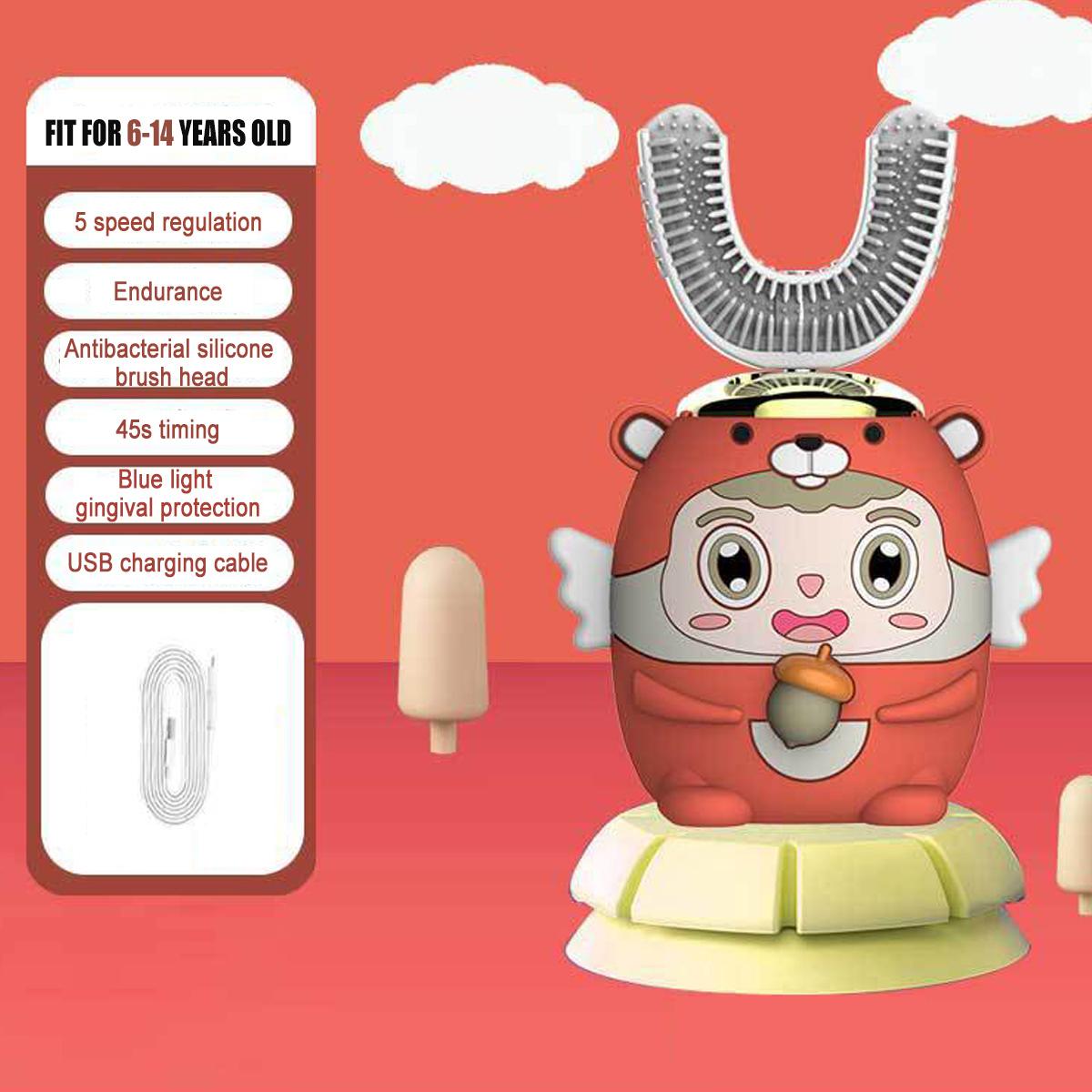 Children 5 Modes Automatic U Type Electric Toothbrush Intelligent Ultrasonic Toothbrush for 2-14 Years Old: squirrel