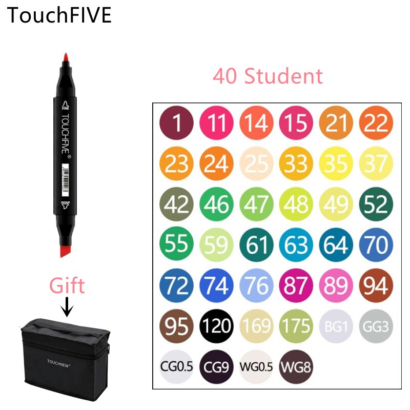 TouchFIVE-rotuladores de fieltro con Alcohol, bolígrafos de doble punta permanente para artista, suministros escolares de arte, marcadores para bocetos de Manga, 30/40/60/80: 40 Color Students