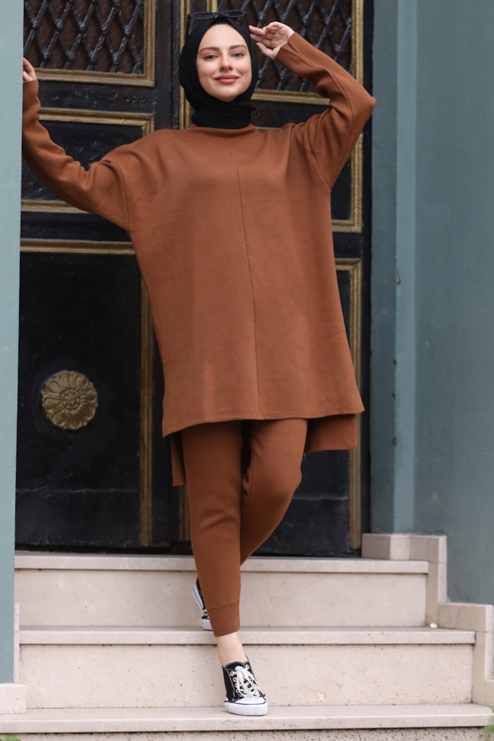‎Tight Leg Knitwear Team‎ Sports set outfit for Muslim women Hijab İslamic Clothing young Muslim women's style Dubai Turkey: Brown