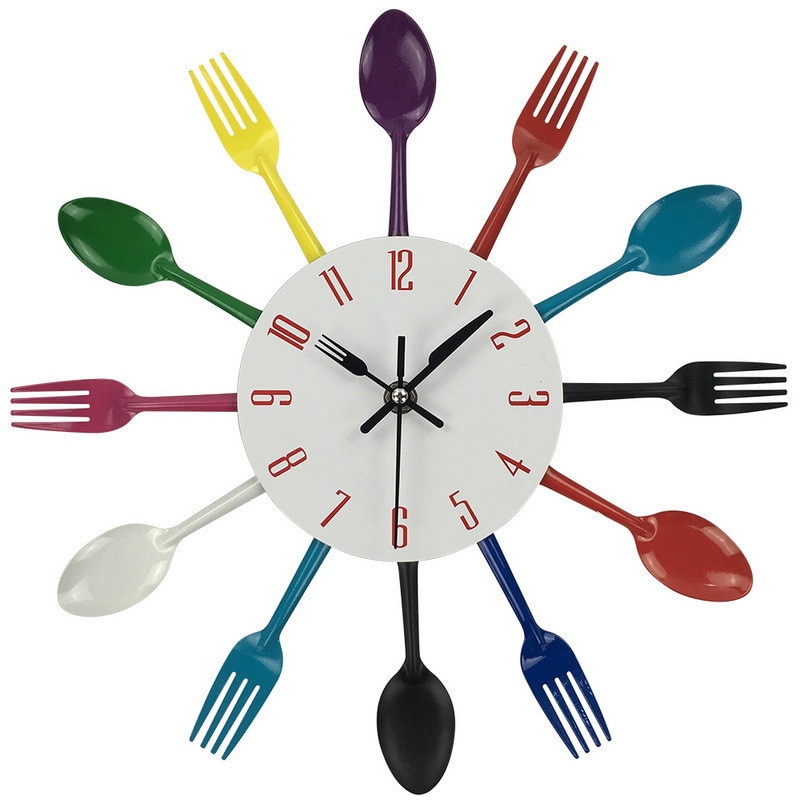 Horloge murale multicolore, bref, moderne, grande, cuillère magique, fourchette, aiguille à Quartz, décoration de salon, maison, horloge murale
