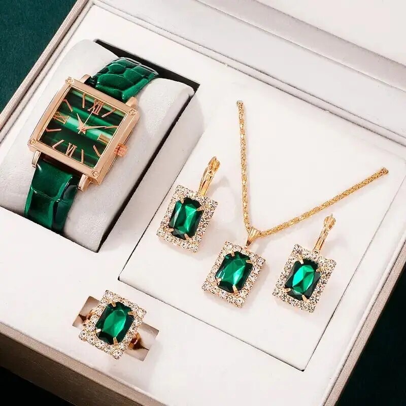 Reloj de cuarzo a la para mujer, esfera cuadrada, de de lujo, relojes de pulsera simples para mujer: Verde