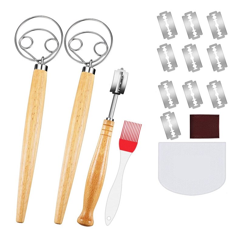 16 Pcs Bread Baking Tool - 2 Dough Whisks,10 Replacement Blades and Protective Cover,Dough Scraper,Bread Cutter,Brush