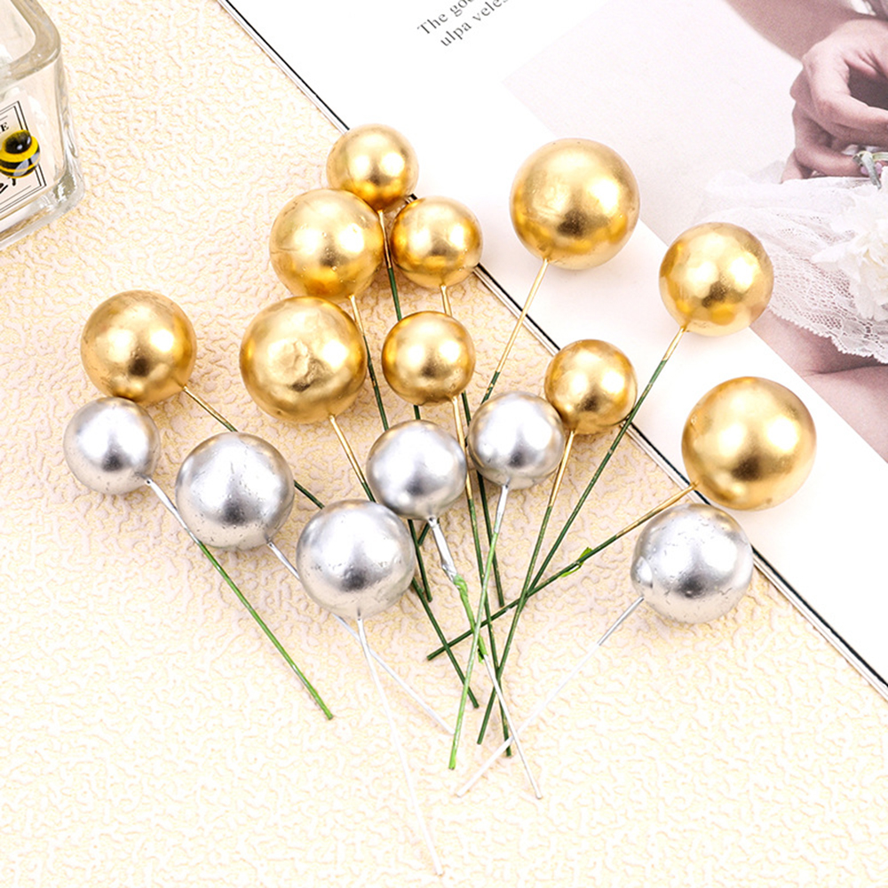 20 pçs bola de metal bolo topper criativo diy decoração do bolo para a festa de aniversário do casamento decorações ouro prata azul rosa cupcake topper: gold silver