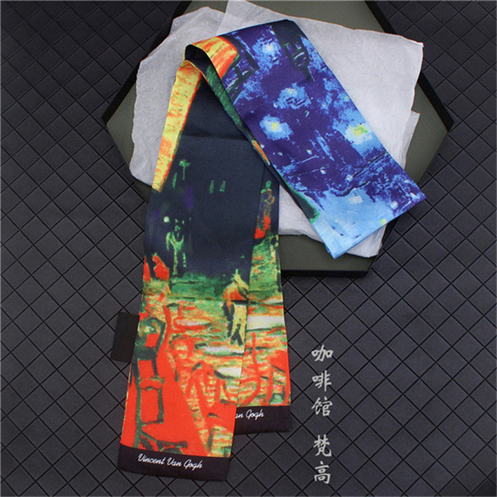 Van Gogh《Starry Night》Oil Painting Twill Silk Scarf Women Neckerchief Skinny Bag Scarf Female Headband Scarves Wraps For Ladies: 10