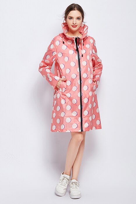 Waterproof Yellow Raincoat Women Ladies Girls Outdoors Rain Poncho with Zipper Hooded Adults Impermeable Rain Coat Jacket 60A046: Pink Dots