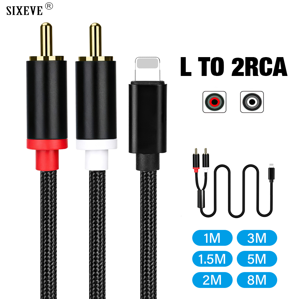 Usb l to 2 rca y splitter til iphone 6 7 8 plus x xr  xs 11 12 13 14 pro max se lydstik tv bil lang ledning 1/2/3/5/8 meter