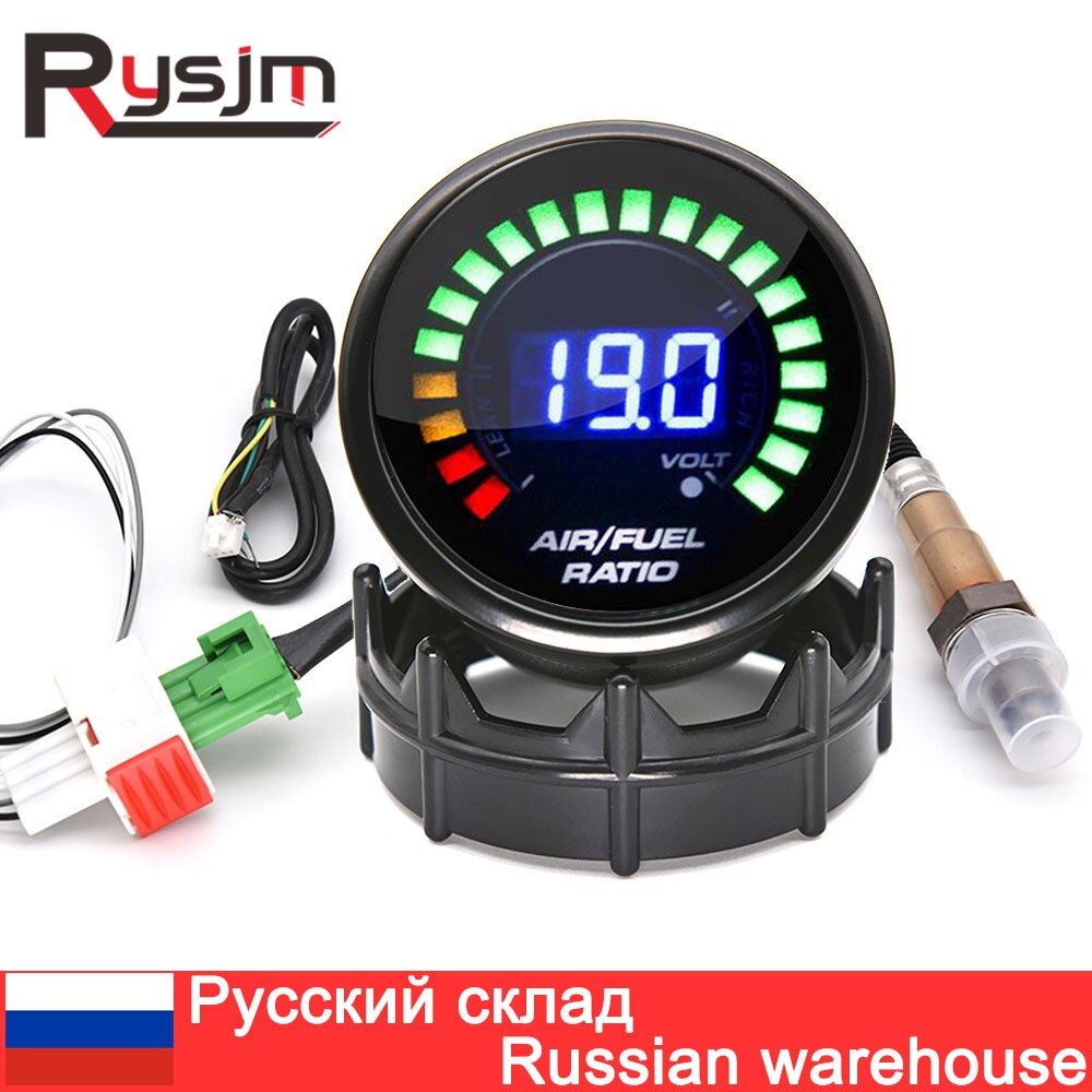 HD 52mm Digital Air Fuel Ratio Gauge + Sensor Narrowband O2 Oxygen Sensor Car Gauge Fit for 12V Car AFR Gauge LED Smoken Lens