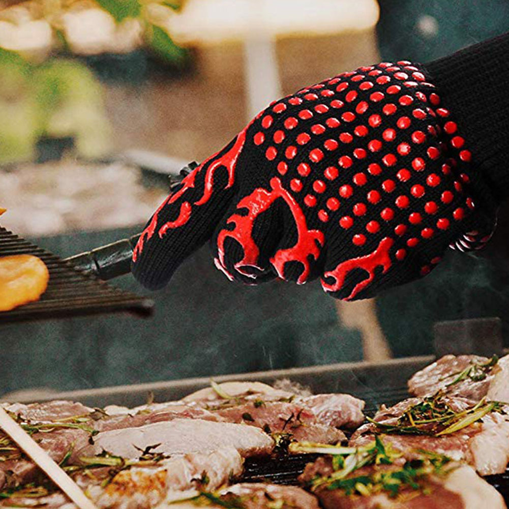 1 par grillhandskar 800 grader extremt värmebeständig bomullssilikon mikrovågsugn kökshandskar matlagningsgrill ugnshandskar