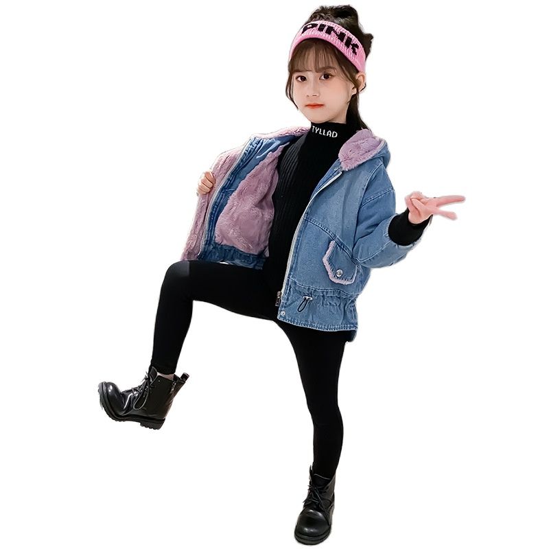Winter Children's Denim Jackets Teenage Girls Boutique Clothes Velvet Hooded Jean Trench Coat Teen Casual Outerwear Windbreakers