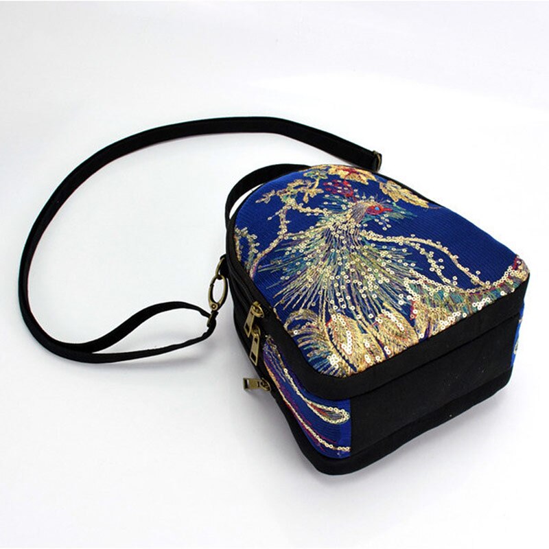 Veowalk femmes sacs de messager National paon Sequin broderie Mini toile Totes fermeture éclair téléphone portable porte-monnaie épaule