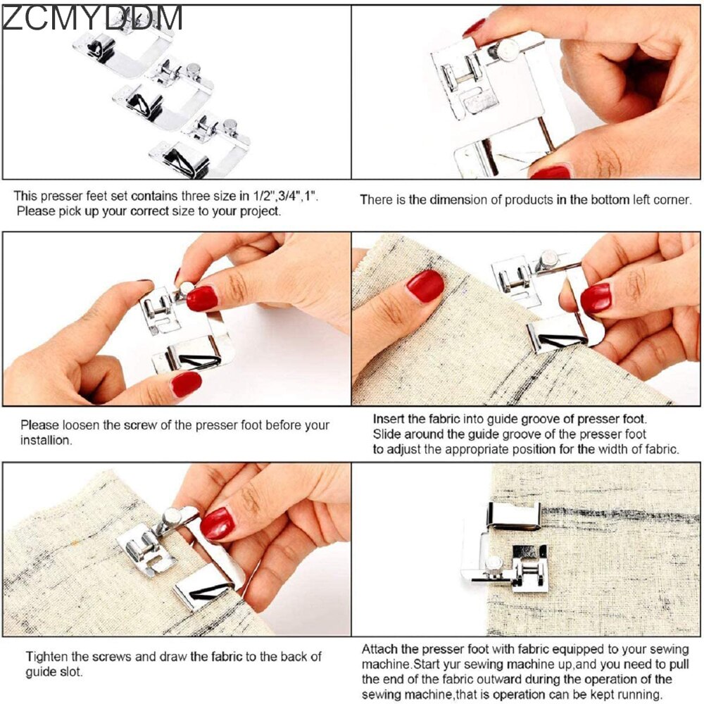 ZCMYDDM 3 Size Rolled Hem Presser Hemmer Foot 1/2Inch 3/4Inch 1Inch for Brother Singer Low Shank DIY Sewing Machine Tool