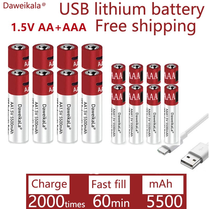 AA + AAA large capacity 5500mah rechargeable lithium ion battery AA 1.5V USB fast charging lithium ion battery