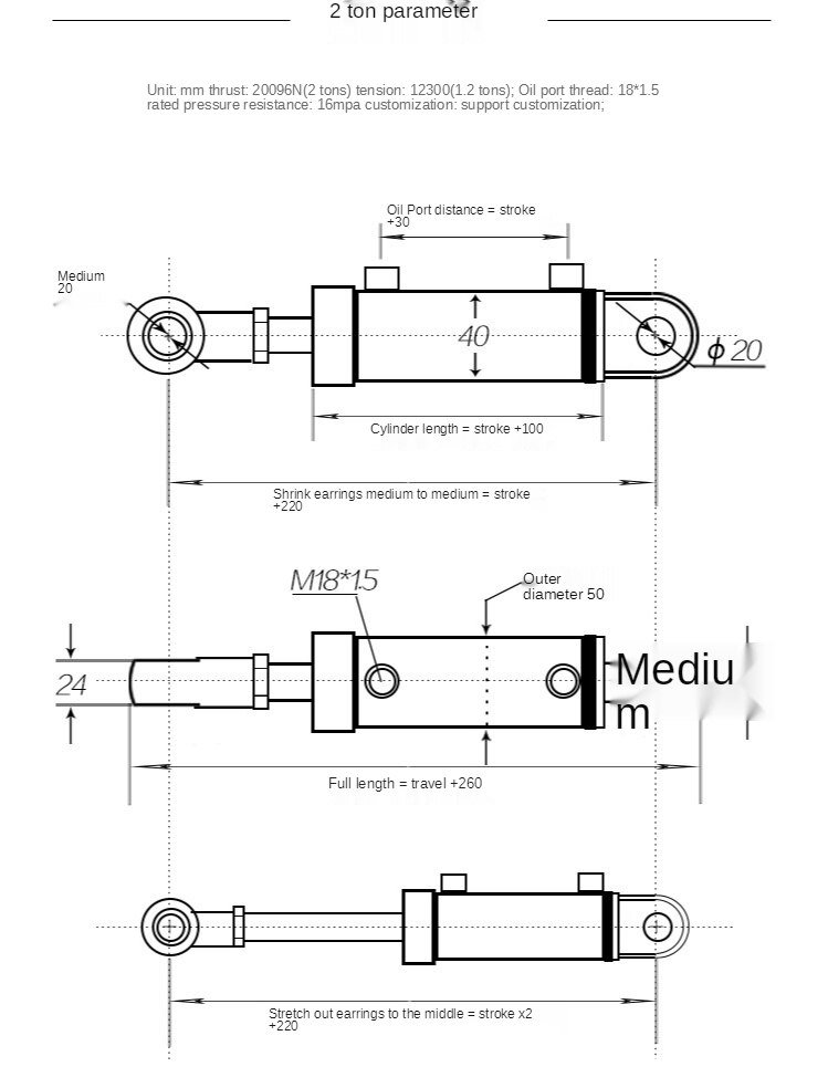 100-500mm Travels Hydraulic Oil Cylinder Heavy Duty Bidirectional Lifting Small Wood Splitter 1/2 Tonnage Hydraulic Ram