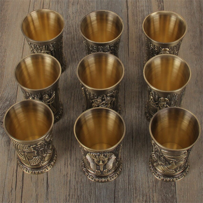 Retro Antigo Egito Metal Tiro copo de Vidro Home Bar Cocktail Licor Copo De Cobre Curto Copos de Vinho Do Faraó Ramsés Cleópatra RA Deus