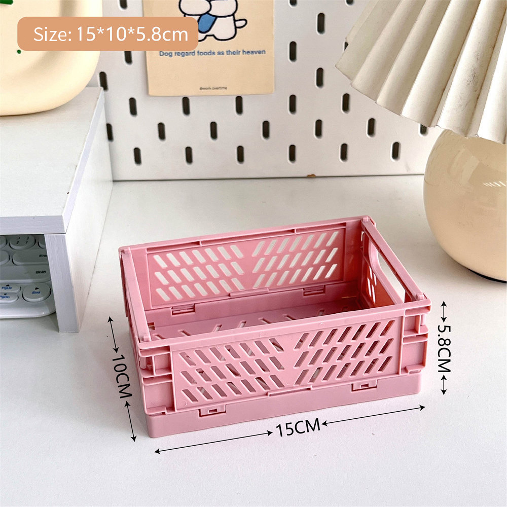 Opvouwbare krat Plastic opvouwbare opbergdoos Mand Utility Cosmetische container Desktophouder Thuisgebruik Schoolbank opbergdoos: Roze