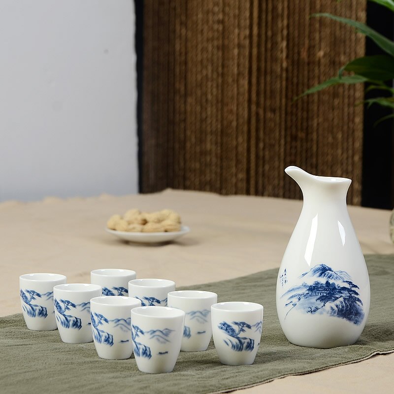 Set van 9 keramische sake potten, kannen, sterke drank, sterke drank, japanse sake wijnset, alcoholische drank, bar, drinkgerei, bekerset: Stijl 7