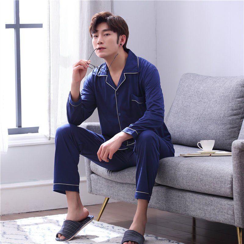 Ensemble pyjama en coton pour homme, vêtement de maison, couleur unie, grande taille, décontracté, ample, à revers, Simple, respirant, printemps, automne