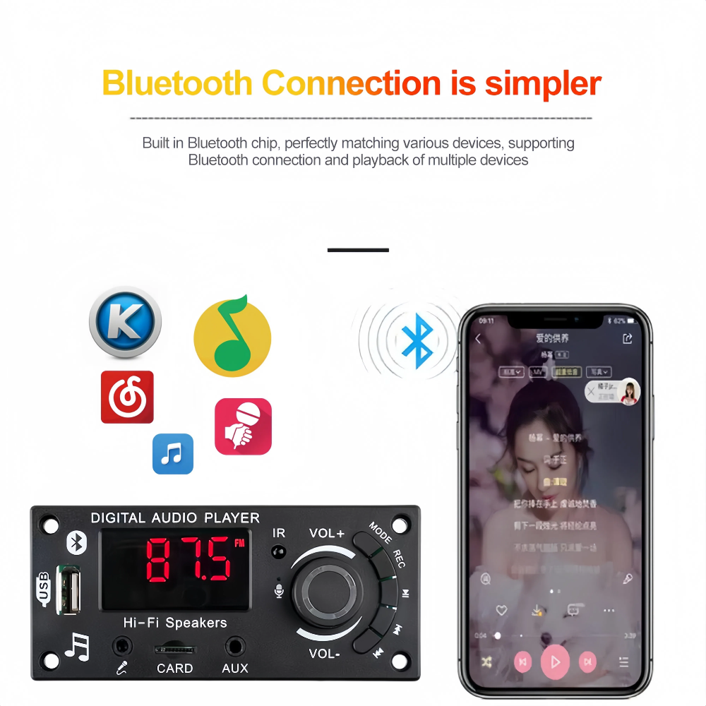 Wzmacniacz 100W Bluetooth 5.0 DIY Dekoder MP3 WAV Płytka DC 12V 50W Bezprzewodowy samochodowy odtwarzacz USB MP3 Gniazdo karty TF USB FM z mikrofonem 3,5 mm