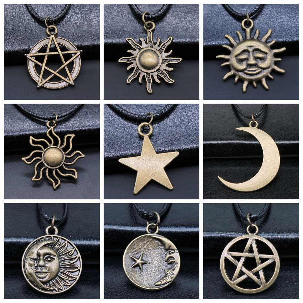30 estilos Unisex amuleto Wicca joyería sol Luna estrella pentagrama colgante collar cordón de cuero negro