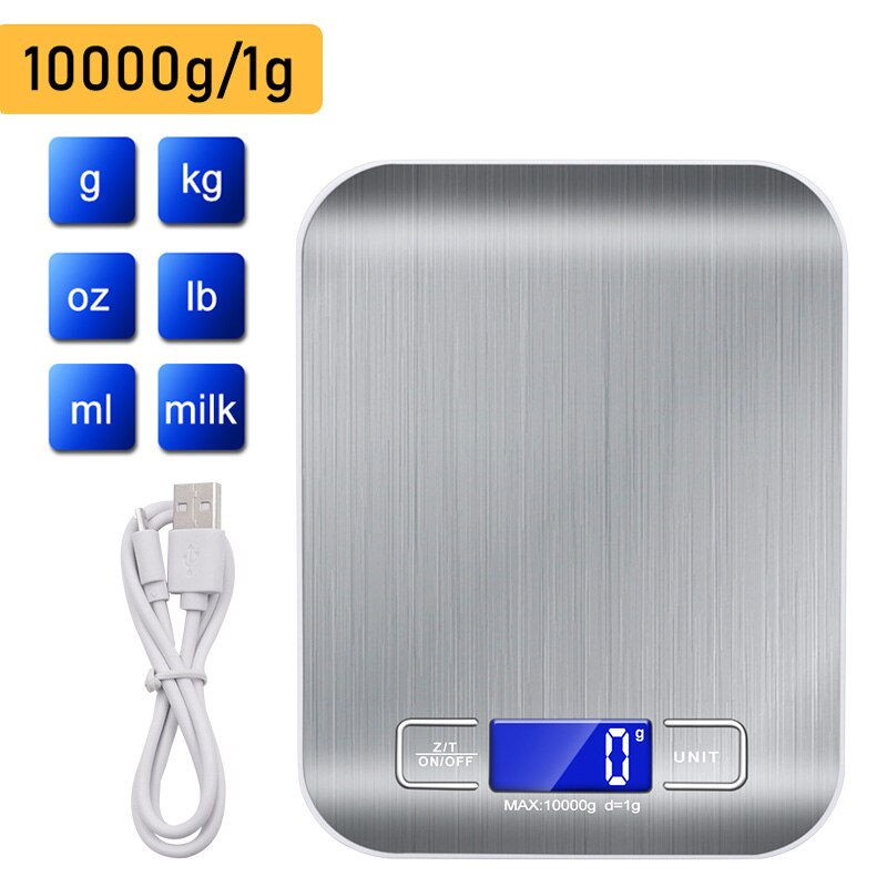 Stainless steel USB digital kitchen scale 10kg 5kg precision electronic food scale for cooking and baking measuring tools: 10000g Silver