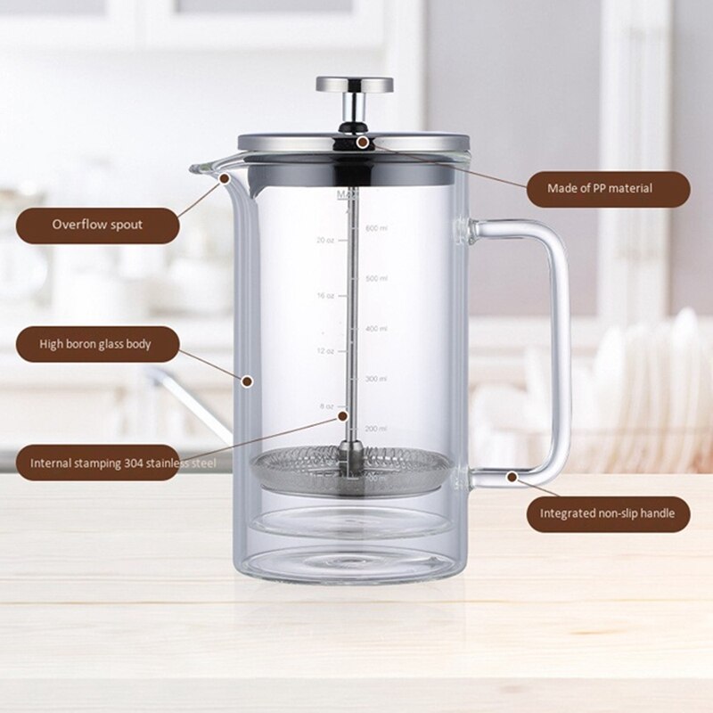 Prasa francuska ze stali nierdzewnej, z ekranami filtracyjnymi, kawiarka robić domowej kuchni/biura i ekspresu robić kawy, 600ML