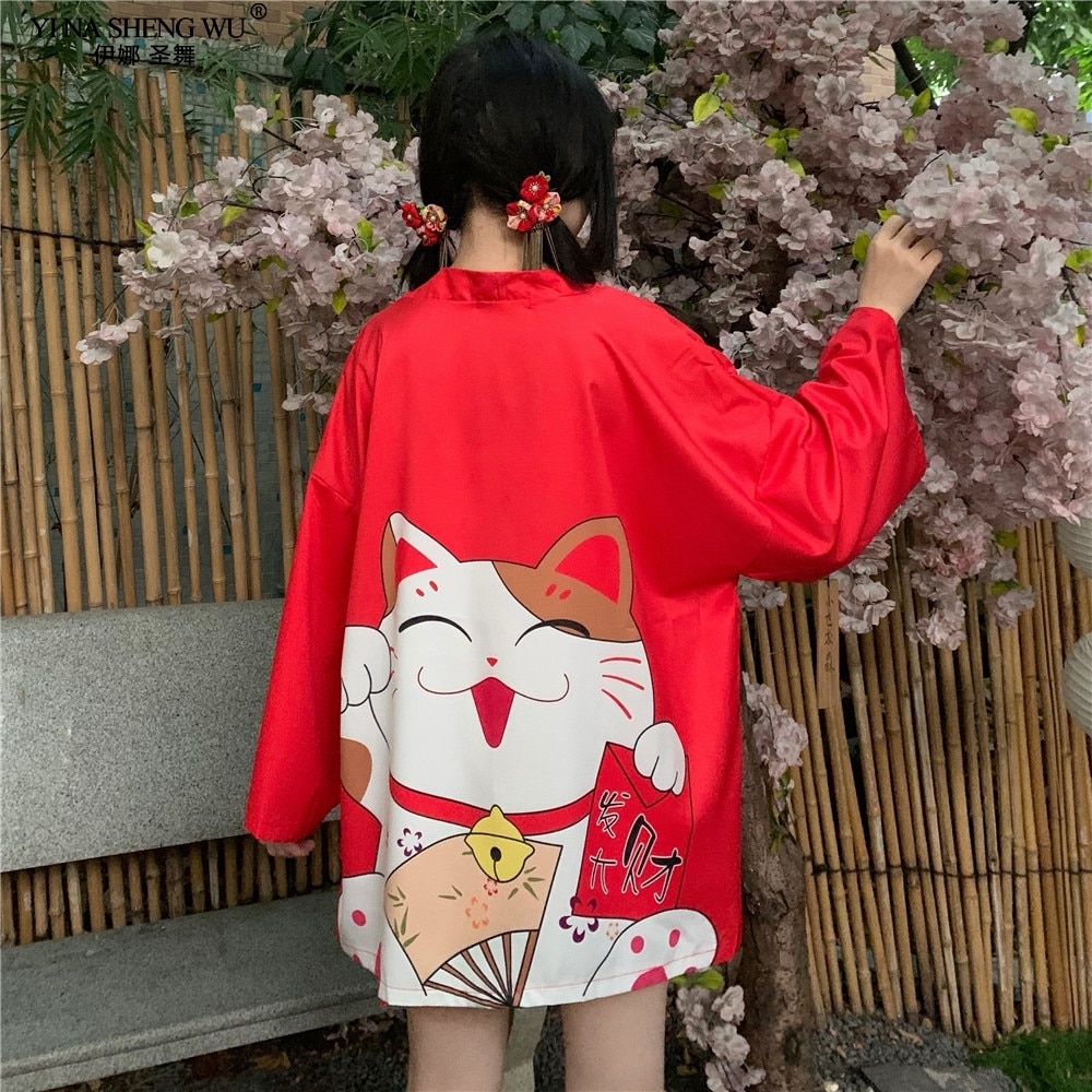Cárdigan Harajuku de japonesa para mujer, Kimono negro, rojo, gato de la suerte, blusas informales holgadas para chica